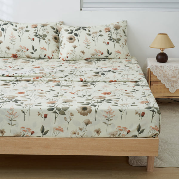 DaDalogy Enchanted Meadow Bed Sheet Set - Floral Harmony in Beige, Rose, and Soft Green, Premium Soft Microfiber, Machine Washable, Deep Pocket 14 - 15 Inches + Flat Sheet