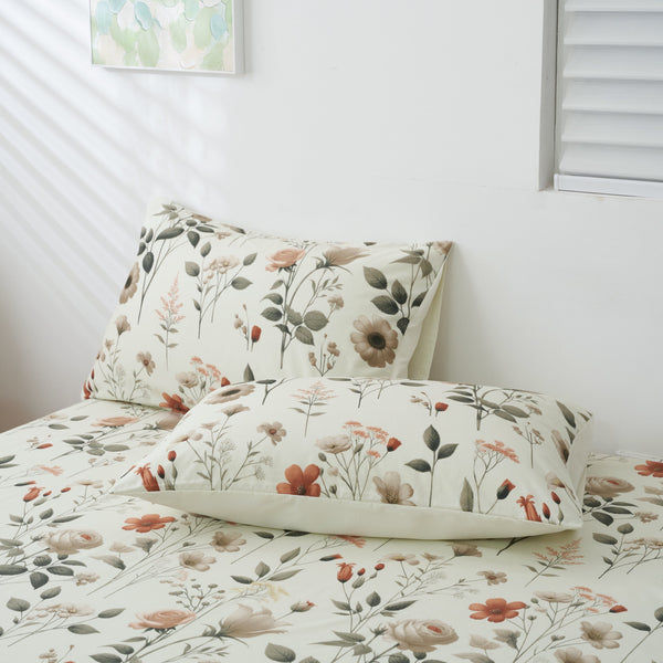 DaDalogy Enchanted Meadow Bed Sheet Set - Floral Harmony in Beige, Rose, and Soft Green, Premium Soft Microfiber, Machine Washable, Deep Pocket 14 - 15 Inches + Flat Sheet