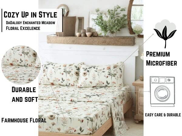 DaDalogy Enchanted Meadow Bed Sheet Set - Floral Harmony in Beige, Rose, and Soft Green, Premium Soft Microfiber, Machine Washable, Deep Pocket 14 - 15 Inches + Flat Sheet
