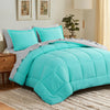 Luxurious bedding set with layered comforter, pillows, and quilt in a modern bedroom