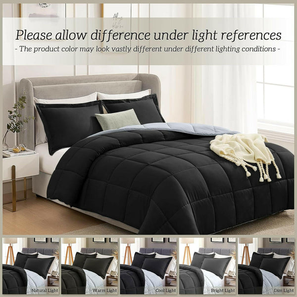 King Size Comforter Set Black, Comforter Sets King Size Bed, Lightweight Soft down Alternative Comforters Reversible All Season 3 Piece Bedding Set with 2 Shams Black/Light Grey - Textilura