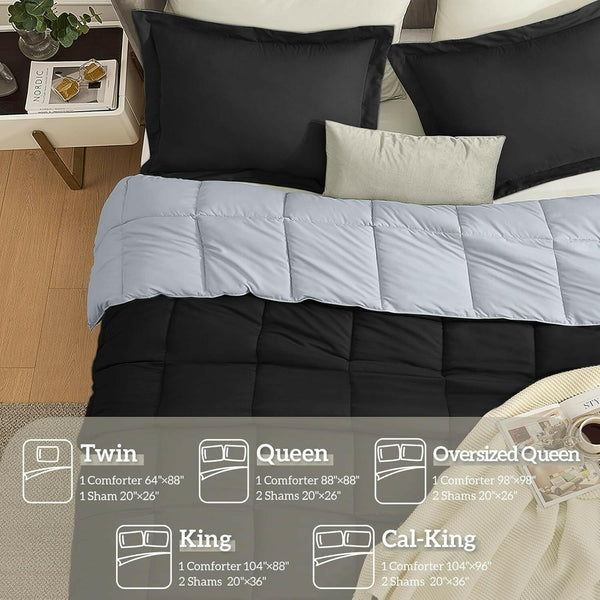 King Size Comforter Set Black, Comforter Sets King Size Bed, Lightweight Soft down Alternative Comforters Reversible All Season 3 Piece Bedding Set with 2 Shams Black/Light Grey - Textilura