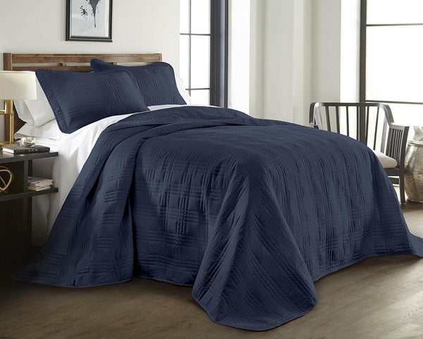 Kingston 3 - Piece Navy Queen Size Quilt Set - Lightweight All Season Bed Coverlet Oversized Queen Bedspread 100" X 106" - Textilura