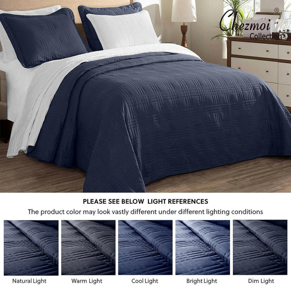 Kingston 3 - Piece Navy Queen Size Quilt Set - Lightweight All Season Bed Coverlet Oversized Queen Bedspread 100" X 106" - Textilura