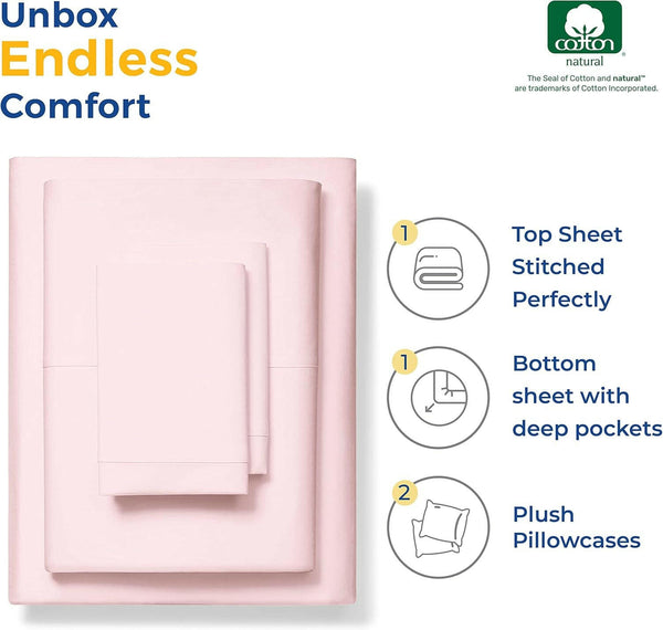 Pure Egyptian Quality Queen Size Cotton Bed Sheet Set - 600 TC Luxury 4 Piece 100% Cotton Bedsheets and Pillow Cases for Queen Beds - Soft, Sateen Weave, Deep Pocket Fitted and Flat Sheets - (Blush) - Textilura