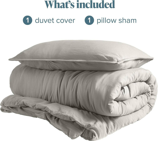 Ultra Soft Washed Microfiber Twin/Twin XL Duvet Cover with Zipper and Securing Ties and 1 Std. Pillow Sham, Linen - Like Look, Easy Care, Hypoallergenic (Twin/Twin XL, Fog) - Textilura