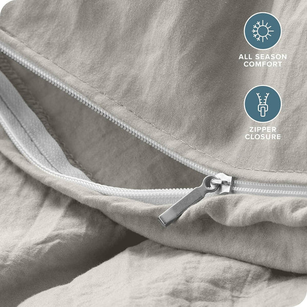 Ultra Soft Washed Microfiber Twin/Twin XL Duvet Cover with Zipper and Securing Ties and 1 Std. Pillow Sham, Linen - Like Look, Easy Care, Hypoallergenic (Twin/Twin XL, Fog) - Textilura