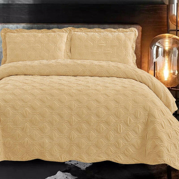 Velvet Embroidered Quilt Set - Khaki - Textilura