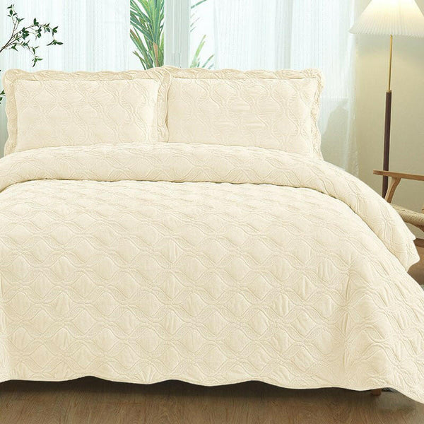 Velvet Embroidered Quilt Set - Rice White - Textilura