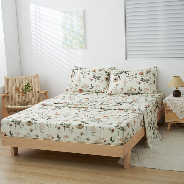 DaDalogy Enchanted Meadow Bed Sheet Set - Floral Harmony in Beige, Rose, and Soft Green, Premium Soft Microfiber, Machine Washable, Deep Pocket 14 - 15 Inches + Flat Sheet