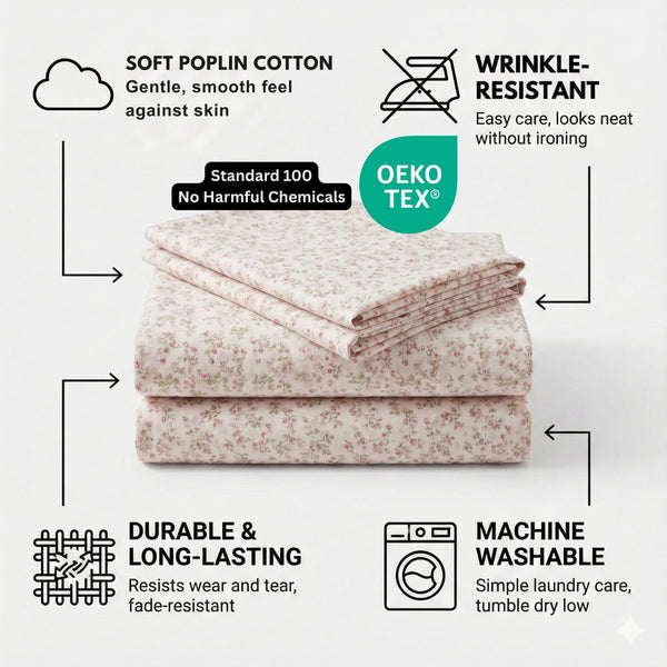 DaDa Bedding Collection Romantic Coquette Sheet Set - 100% Cotton [ Poplin Cotton ] Floral Fitted & Flat Sheets with Pillowcases - Deep Pocket Design - Soft, Breathable, Wrinkle-Resistant