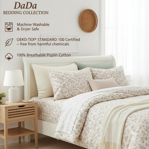 DaDa Bedding Collection Romantic Coquette Sheet Set - 100% Cotton [ Poplin Cotton ] Floral Fitted & Flat Sheets with Pillowcases - Deep Pocket Design - Soft, Breathable, Wrinkle-Resistant