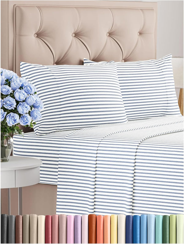 Cal King Size 4 Piece Sheet Set - Comfy Breathable & Cooling Bed Sheets Set - Hotel Luxury Bedding for Women, Men, Kids & Teens - Deep Pockets, Easy-Fit, Soft & Wrinkle Free - Oeko-Tex - Blue Stripes